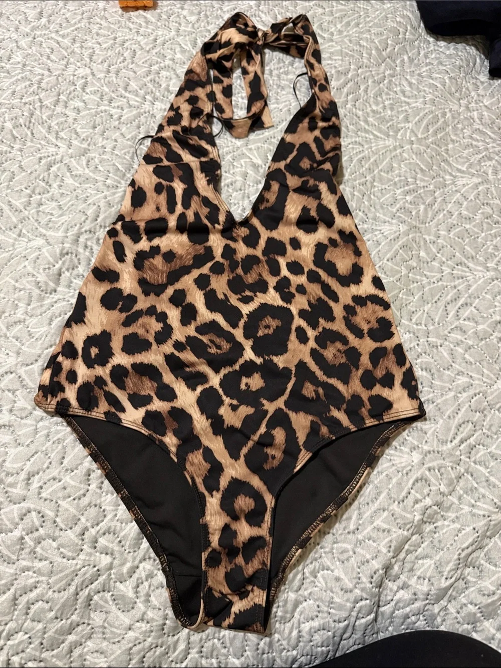 Zara Leopard Print Halter One-Piece Swimsuit - Brown/Black